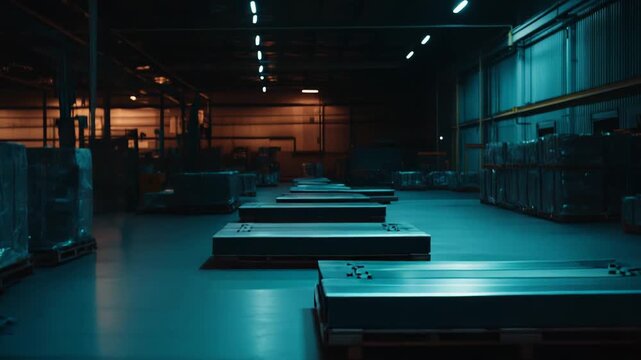 Industrial warehouse interior showcasing rows of stored goods neatly arranged on pallets under dim lighting, focusing on logistics, storage, and modern supply chain operations