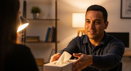 Fototapeta premium smiling man offering tissue box to woman in warmly lit living room environment