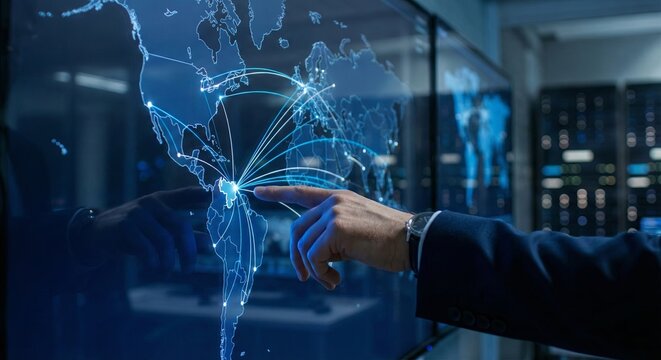 Hand pointing at Venezuela on digital world map screen with network connection lines logistics