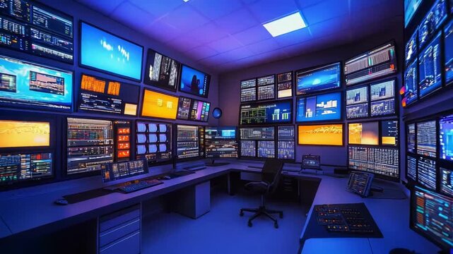 Control room featuring an array of glowing blue and orange screens displaying complex data, reflecting concepts of security, surveillance, digital technology, and cybersecurity