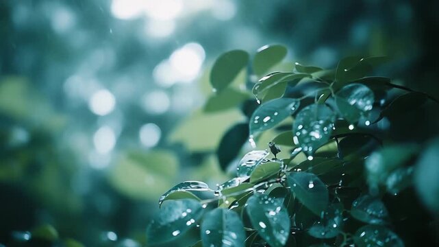Verdant foliage catching plentiful raindrops, creating a revitalizing scene representing growth, cleansing, and the natural cycle of refreshing spring weather