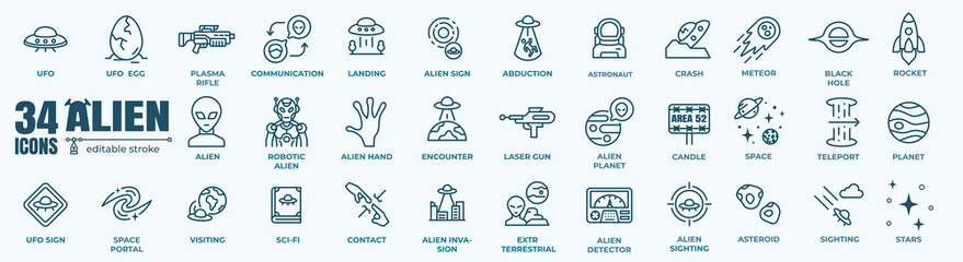 Alien UFO Icon Set — Extraterrestrial Spaceship, Flying Saucer, Astronaut, Rocket, Planet, Invasion, Sci-Fi Space Vector Collection © stockgood