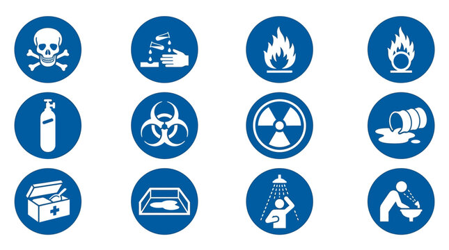 Hazmat Handling Icon Set 12 Blue Circle Chemical Safety Pictograms ISO