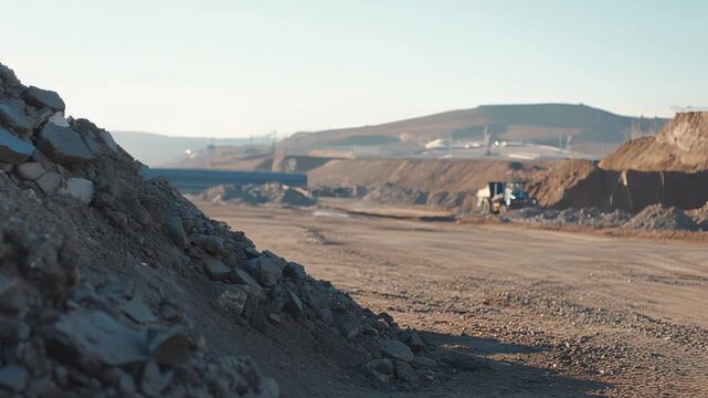 Open pit mining operations with a large dump truck moving material on a vast excavation site, highlighting the industrial scale of resource extraction and earthmoving projects