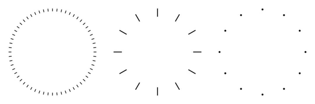 Blank clock face template with hour and minute markers. Analog clock dial with a precise time scale. Collection of clock faces isolated on a transparent background. Vector