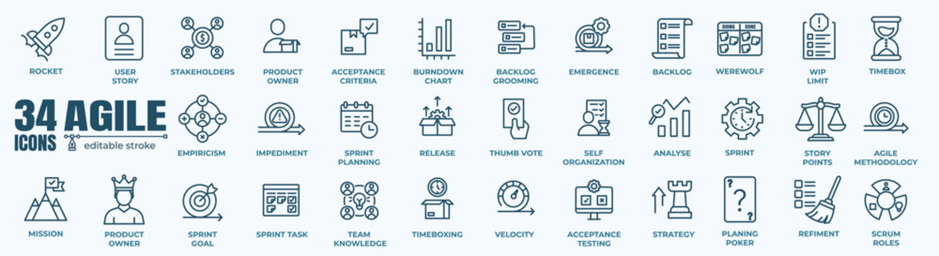 Agile Scrum Methodology Icon Set &mdash; Software Development Workflow, Sprint Cycle, Kanban, Project Management Line Vector