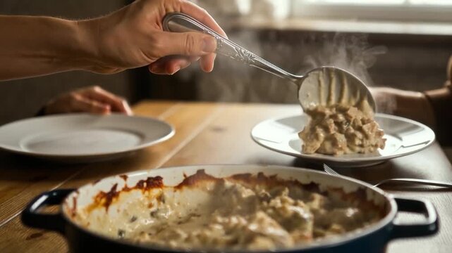 Serving steaming creamy casserole onto plates at dinner table