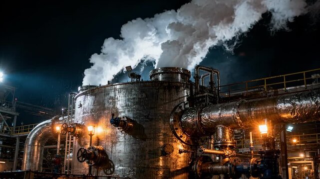 Close medium shot of chemical pulping digester in action emphasizing the release of dense steam clouds during chip cooking in a batch process under dramatic night lighting