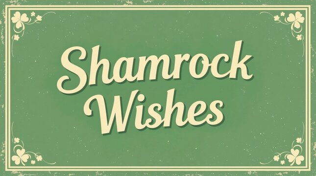 Vintage St. Patrick's Day greeting with "Shamrock Wishes" text. Retro Irish holiday card on a textured green background with a decorative clover frame