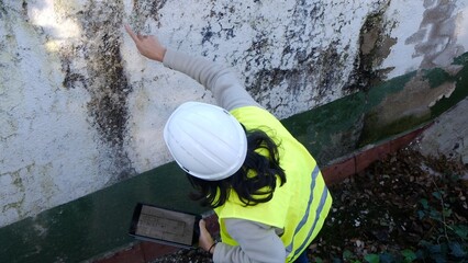 Engineer inspecting exterior wall showing mold, dampness, and efflorescence, documenting building damage with a digital tablet wearing safety vest and hard hat © DawDunia