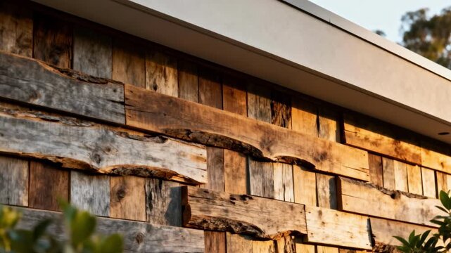 Medium shot of reclaimed wood wall cladding highlighting rustic charm and environmentally conscious material reuse for stylish building exteriors.