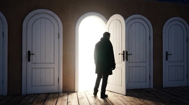 Silhouette of a person at an open, brightly lit door, surrounded by multiple closed doors, symbolizing choice, new opportunities, and the unknown p...