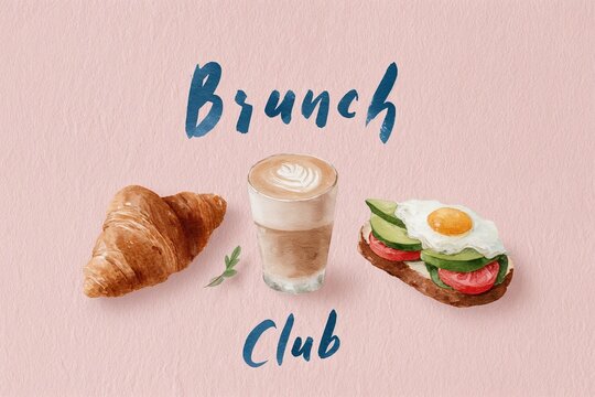 Watercolor brunch set with croissant coffee and toast