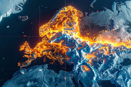 Abstract 3D Map of Europe Depicting Global Warming and Heatwave Crisis
