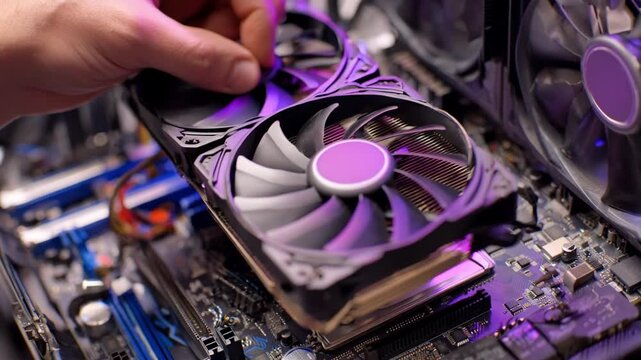 Closeup of a technician installing highperformance cooling fans inside a computer case to improve airflow and prevent overheating during heavy use