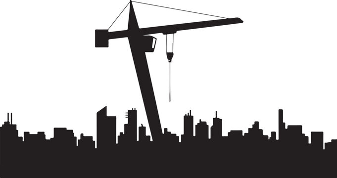 Black crane silhouette over city skyline construction