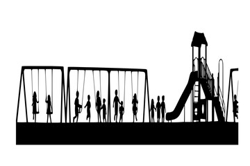 Panoramic Playground and Swing Set Silhouette Vector with Children Playing for Urban Park and School Branding