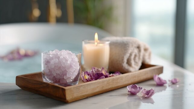 Spa bath setup with candle towel and bath salts