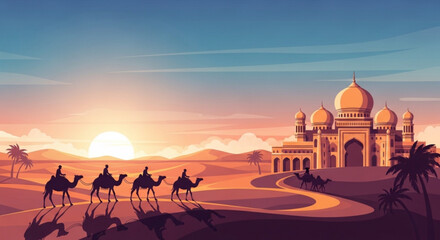 Camel caravan travels through desert landscape towards ancient middle eastern palace at sunset © Faadi