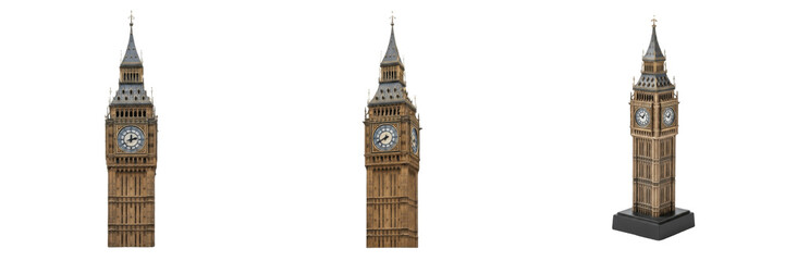 Set of Detailed 3D Models of Big Ben Elizabeth Tower Isolated on Transparent Background