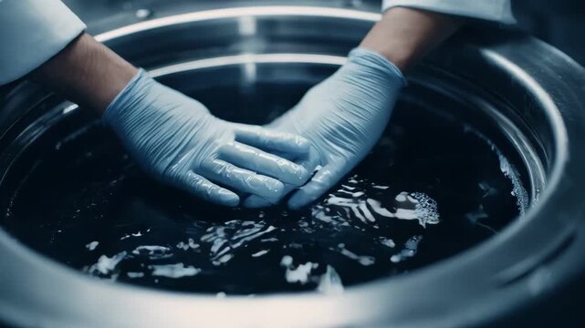 Medium shot of a technician performing drytodry hydrocarbon solvent cleaning on delicate garments in a controlled lab environment.