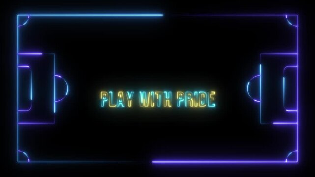 An electrifying digital sports field, illuminated by vibrant neon blue and purple lines, boldly presents the powerful statement "PLAY WITH PRIDE" in its radiant center. 4k video