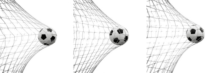 Set of Soccer Balls Hitting the Goal Net with Dynamic Impact Isolated on White Background © Anees