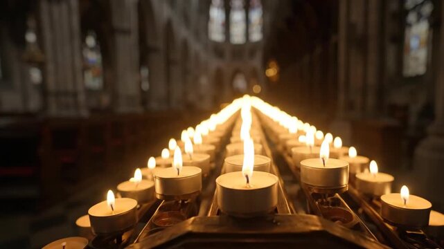 Rows of lit prayer candles in a gothic cathedral, warm amber tones, Ash Wednesday
