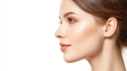 Fototapeta premium Profile of young caucasian female with smooth skin on white background.