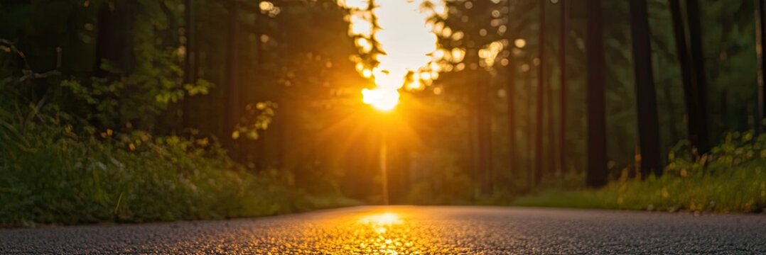 A peaceful asphalt road cutting through dense pine forest with golden sunlight streaming through the trees and illuminating the path ahead