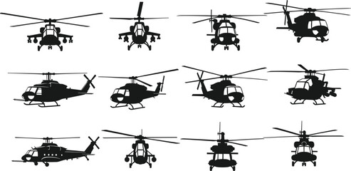 Set of black silhouettes showing military and rescue helicopters in different flying and landing positions isolated on white background. © Ruhul