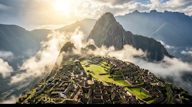 Machu Picchu Ancient Inca City in Peru with Dramatic Clouds and Sunlight.