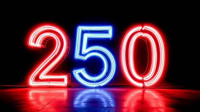Bright Neon Sign Showing the Number 250 in Red and Blue Lights at Night