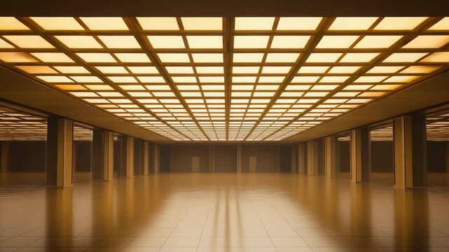 Expansive empty room featuring a grid of warm yellow glowing ceiling panels, creating an unsettling and surreal atmosphere within architectural confinement