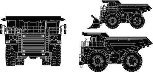 Vector illustration set of heavy mining dump truck showing front side and perspective views isolated on white background. © Ruhul