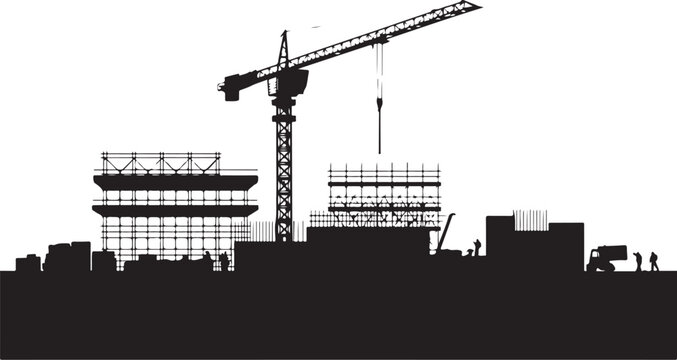 Silhouette of construction site with crane and buildings