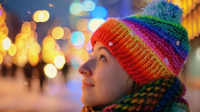 Woman with colorful winter hat smiling in evening lights backdrop