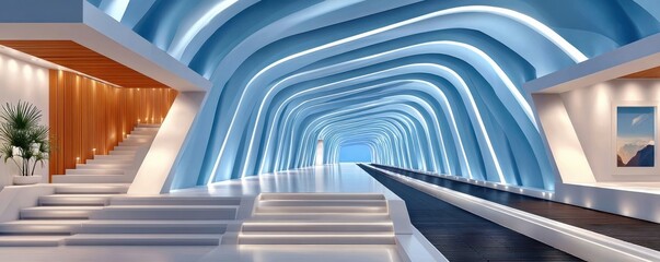 Fototapeta premium Blue illuminated tunnel with futuristic arches and white steps creates a calm modern interior