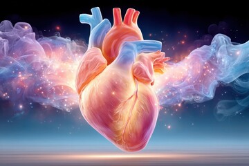 Fototapeta premium A blue glowing human heart with an aura of energy and stars in a surreal medical illustration