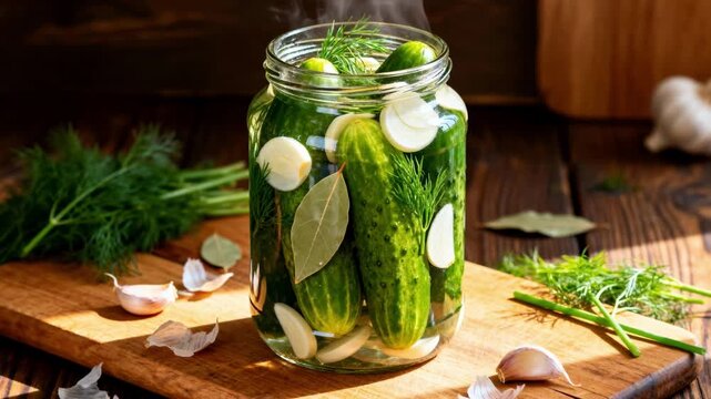 Medium shot showing a garlicheavy pickled cucumber spear canning scene emphasizing the generous addition of sliced garlic cloves alongside crunchy spears and aromatic herbs.