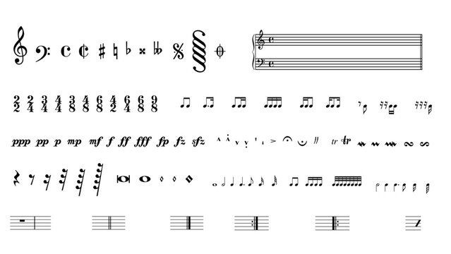 Vector symbol set of music notes, clefs and notation symbols isolated on transparent background. Professional sheet music elements for composition, education and graphic design use