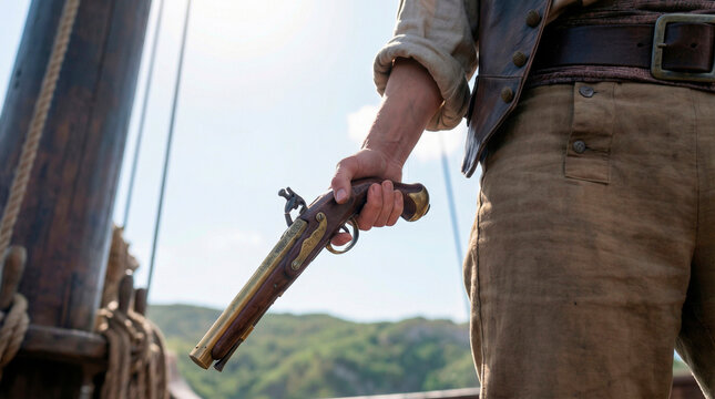 Hand holding ornate antique flintlock pistol