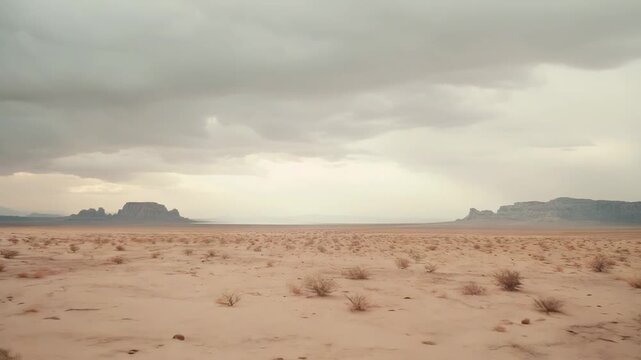 Arid desert region featuring a flat expanse of dry cracked earth and sparse vegetation, extending towards mesa formations under an overcast sky creating a sense of isolation and dryness