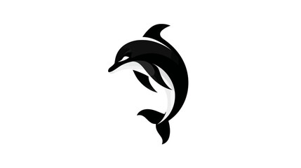 Obraz premium A stylized graphic of a dolphin in black and white, leaping upward against a white background