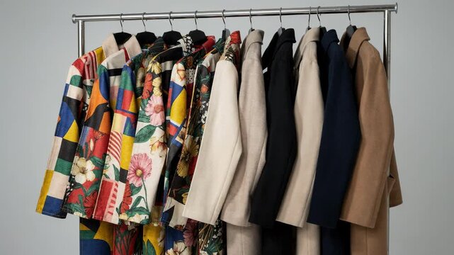 Medium shot of reversible coats on a rack featuring vibrant prints contrasted with solid colors highlighting versatile outerwear options for stylish seasonal layering.