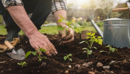 Naklejka premium Gardener Planting Seeds in the Soil During Springtime in a Backyard Garden