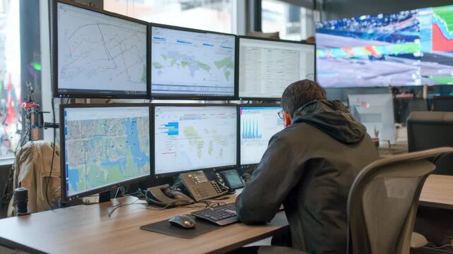 Medium shot of analyst continuously monitoring network traffic for anomalies as part of ongoing cybersecurity risk assessment efforts.
