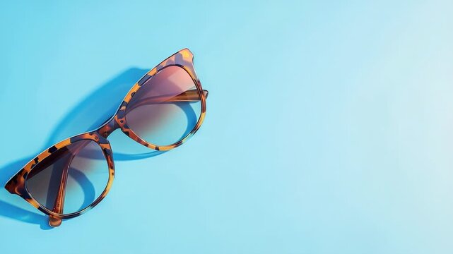 Pair of tortoiseshell sunglasses casting shadow on blue background