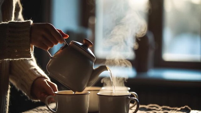 Pouring hot tea from teapot into mugs in morning light