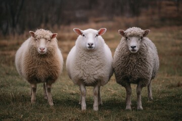 Obraz premium Three sheep grazing in a field on a cloudy day